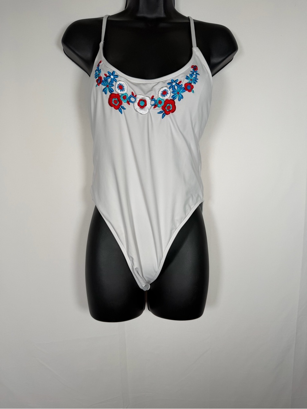 Juicy‎ Couture White One-Piece Swimsuit with Red and Blue Floral Embroidery
